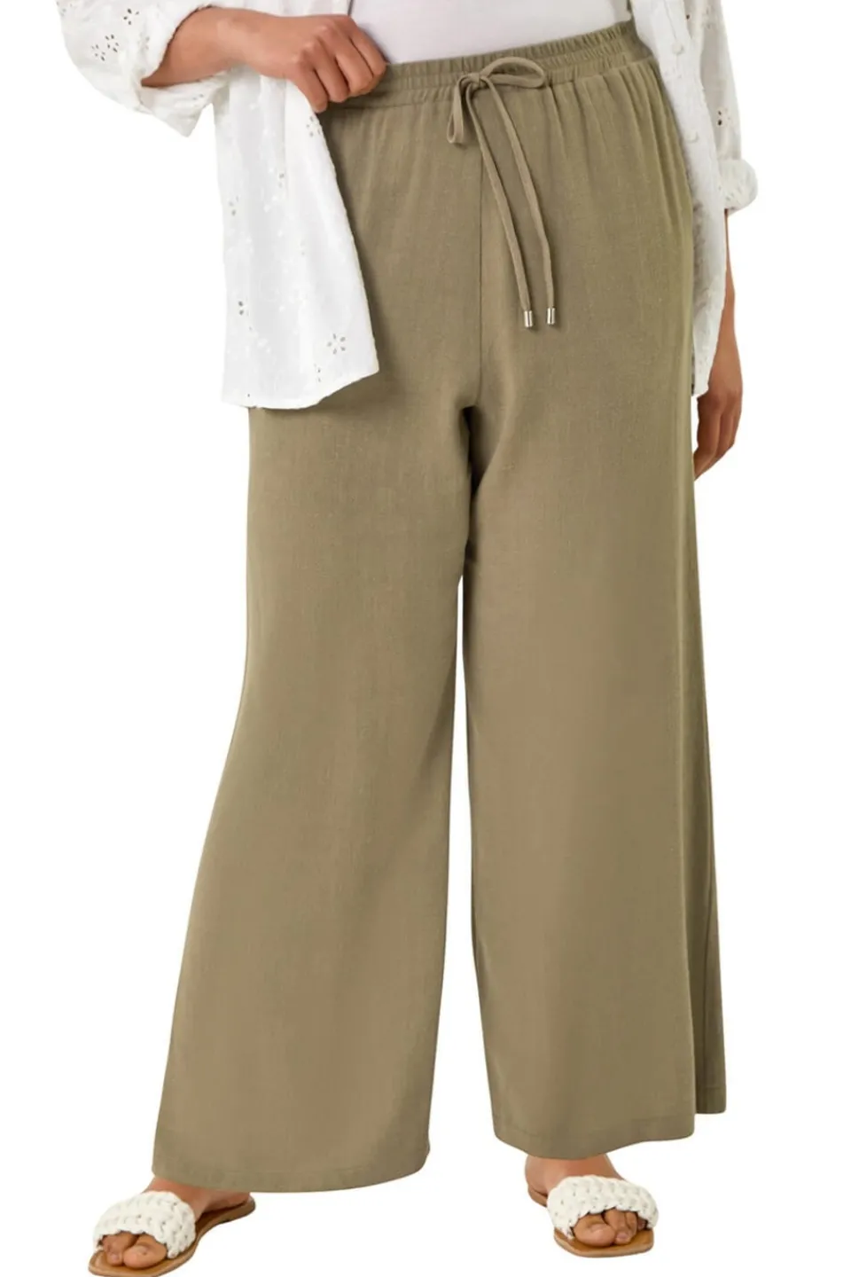 Trousers>Roman Khaki Curve Linen Mix Trousers