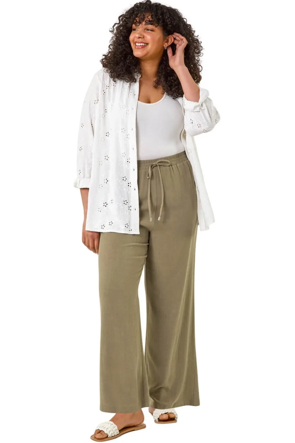 Trousers>Roman Khaki Curve Linen Mix Trousers