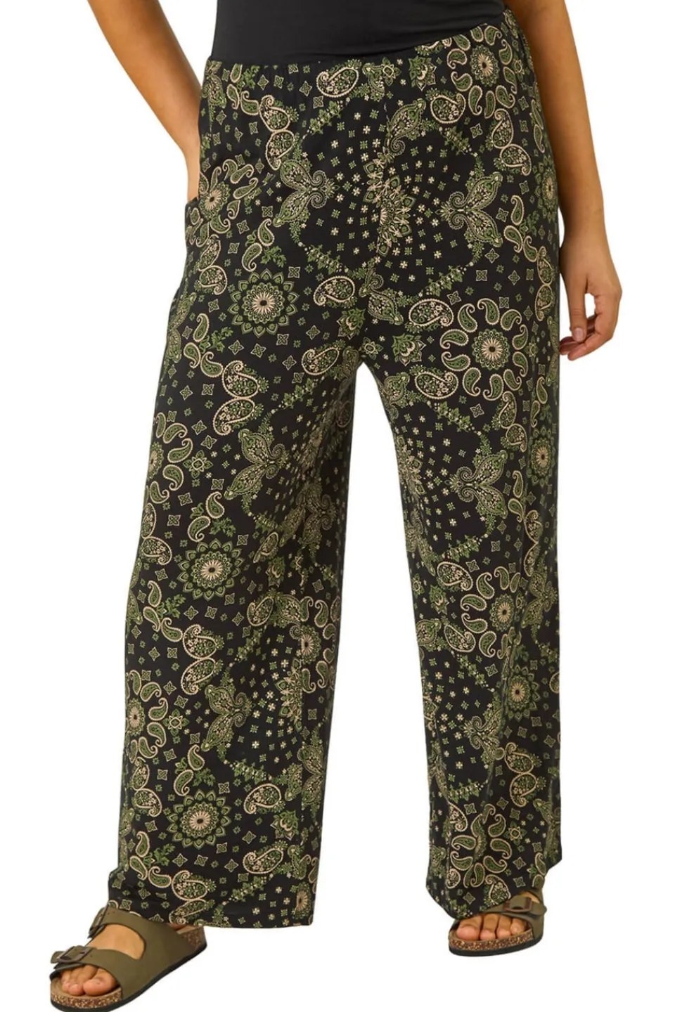 Trousers>Roman Khaki Curve Paisley Print Wide Leg Trouser