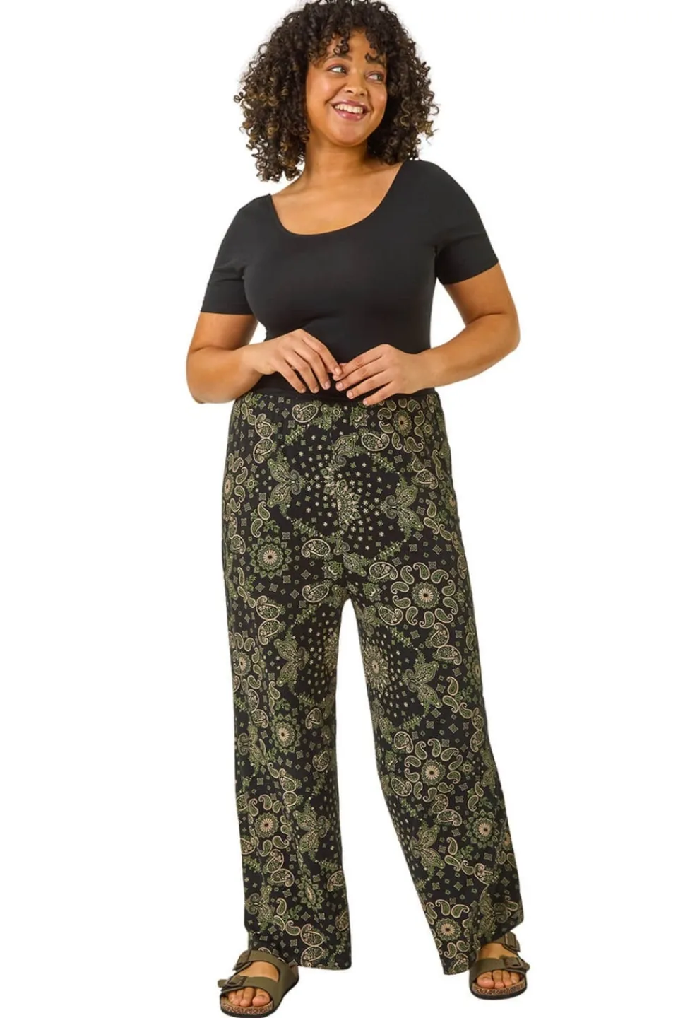 Trousers>Roman Khaki Curve Paisley Print Wide Leg Trouser