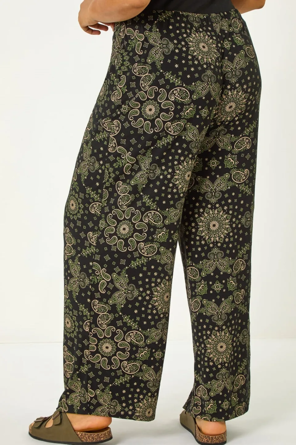 Trousers>Roman Khaki Curve Paisley Print Wide Leg Trouser