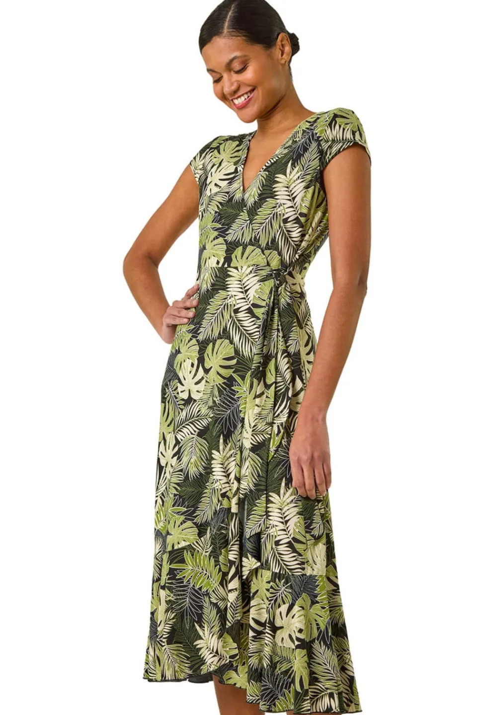 Dresses>Roman Khaki Floral Stretch Midi Wrap Dress