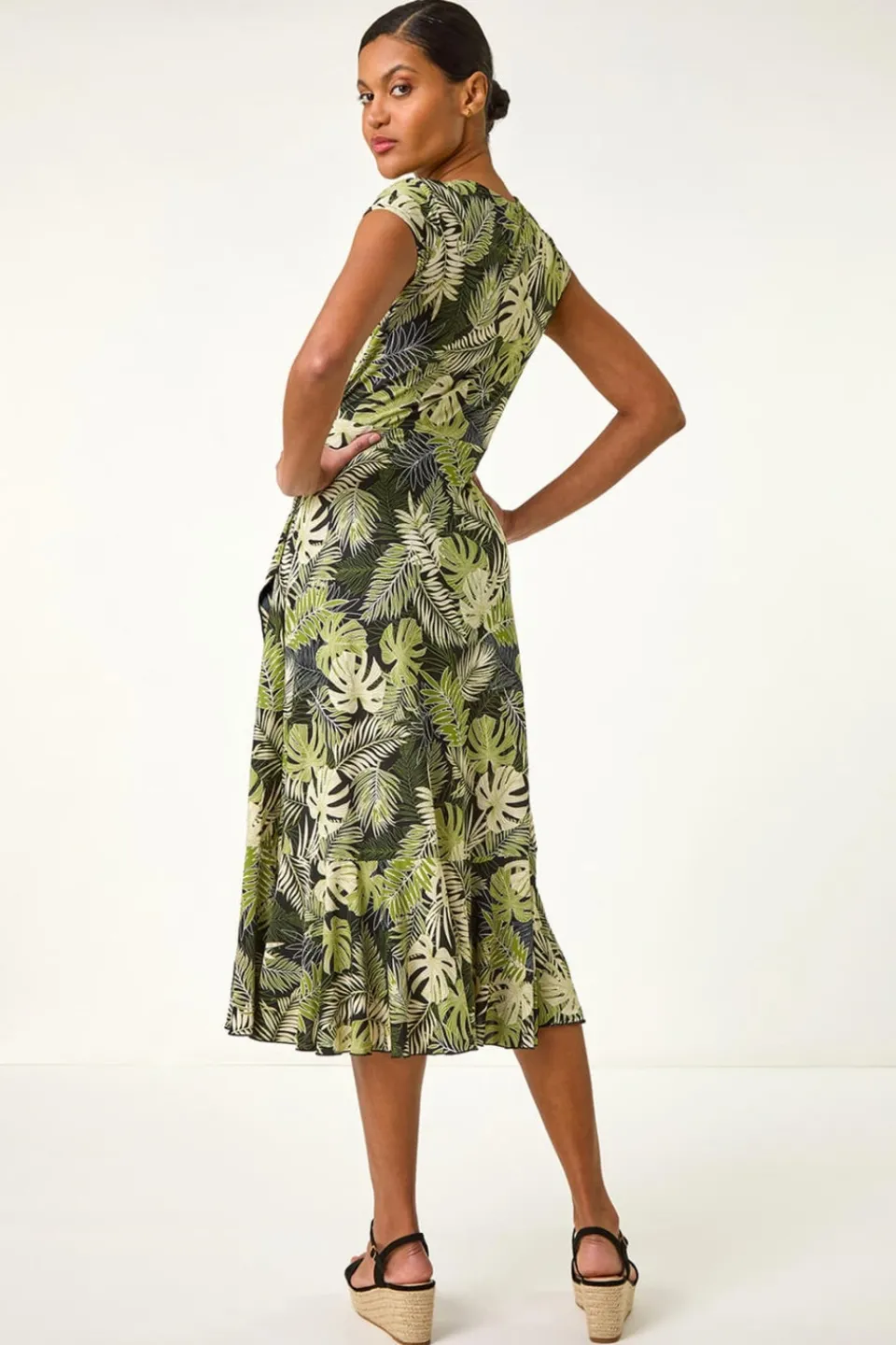 Dresses>Roman Khaki Floral Stretch Midi Wrap Dress