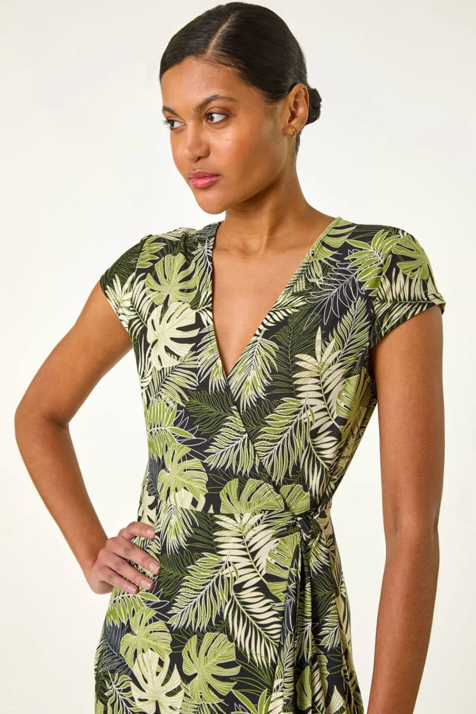 Dresses>Roman Khaki Floral Stretch Midi Wrap Dress