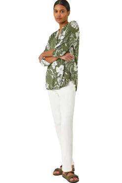 Tops>Roman Khaki Floral Textured Print Shirt