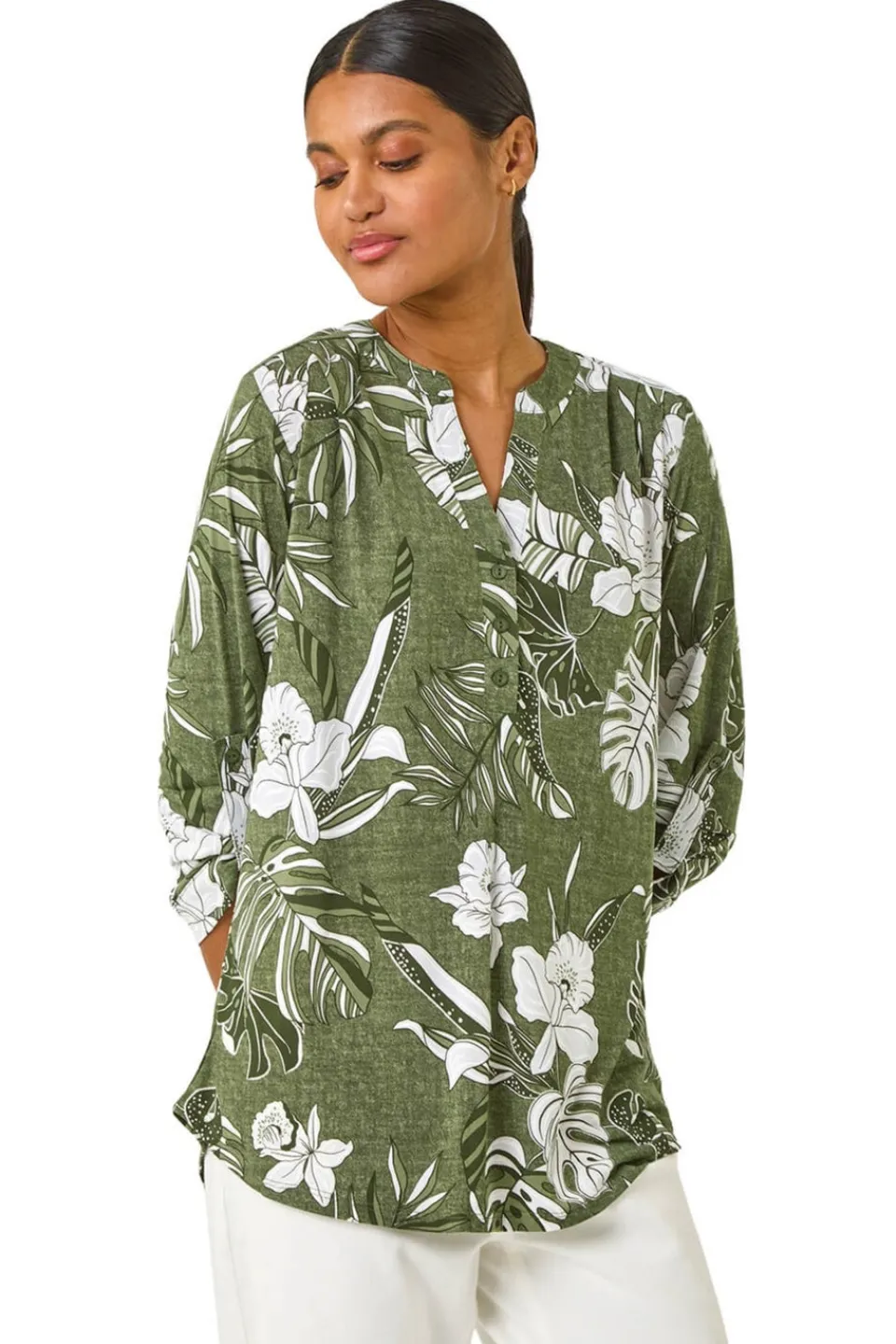 Tops>Roman Khaki Floral Textured Print Shirt