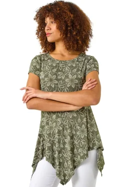 Tops>Roman Khaki Leaf Print Hanky Hem Stretch Top