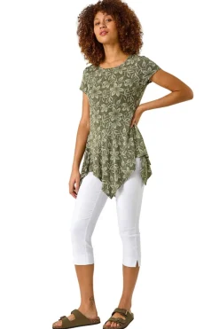 Tops>Roman Khaki Leaf Print Hanky Hem Stretch Top
