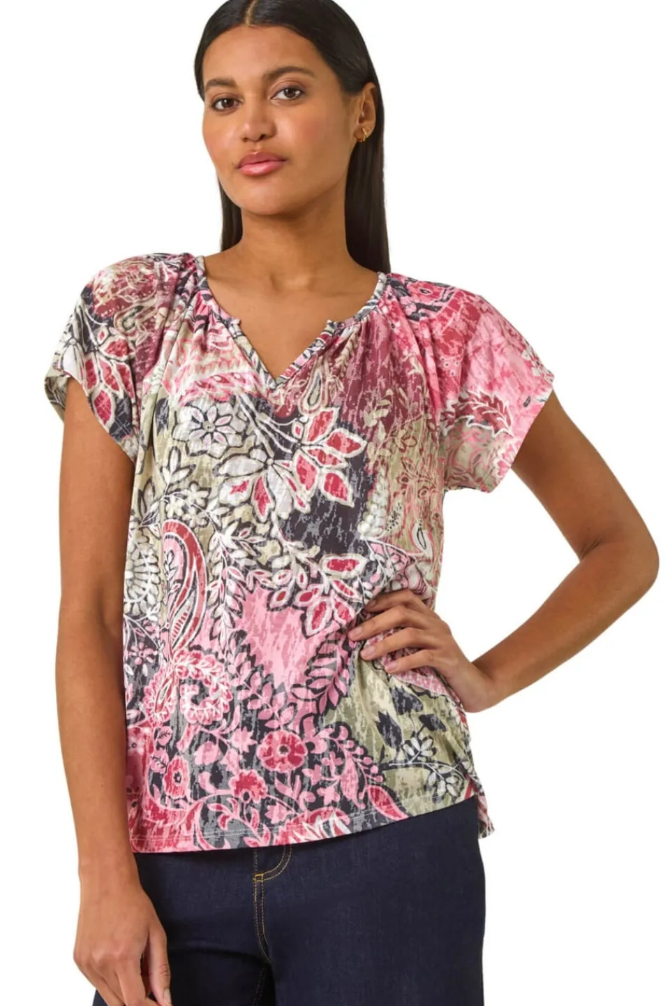 Tops>Roman Khaki Paisley Print V-Neck Raglan Top