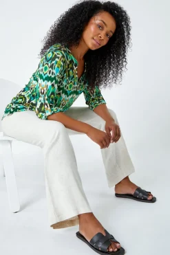 Tops>Roman Khaki Petite Aztec Stretch Button Detail Shirt