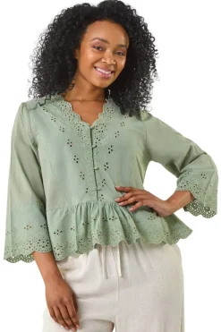 Tops>Roman Khaki Petite Broderie Scallop Blouse