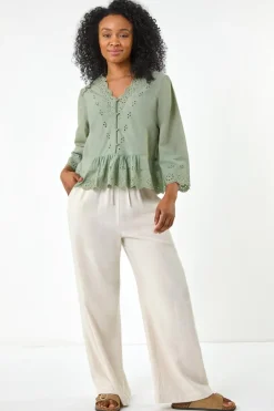 Tops>Roman Khaki Petite Broderie Scallop Blouse