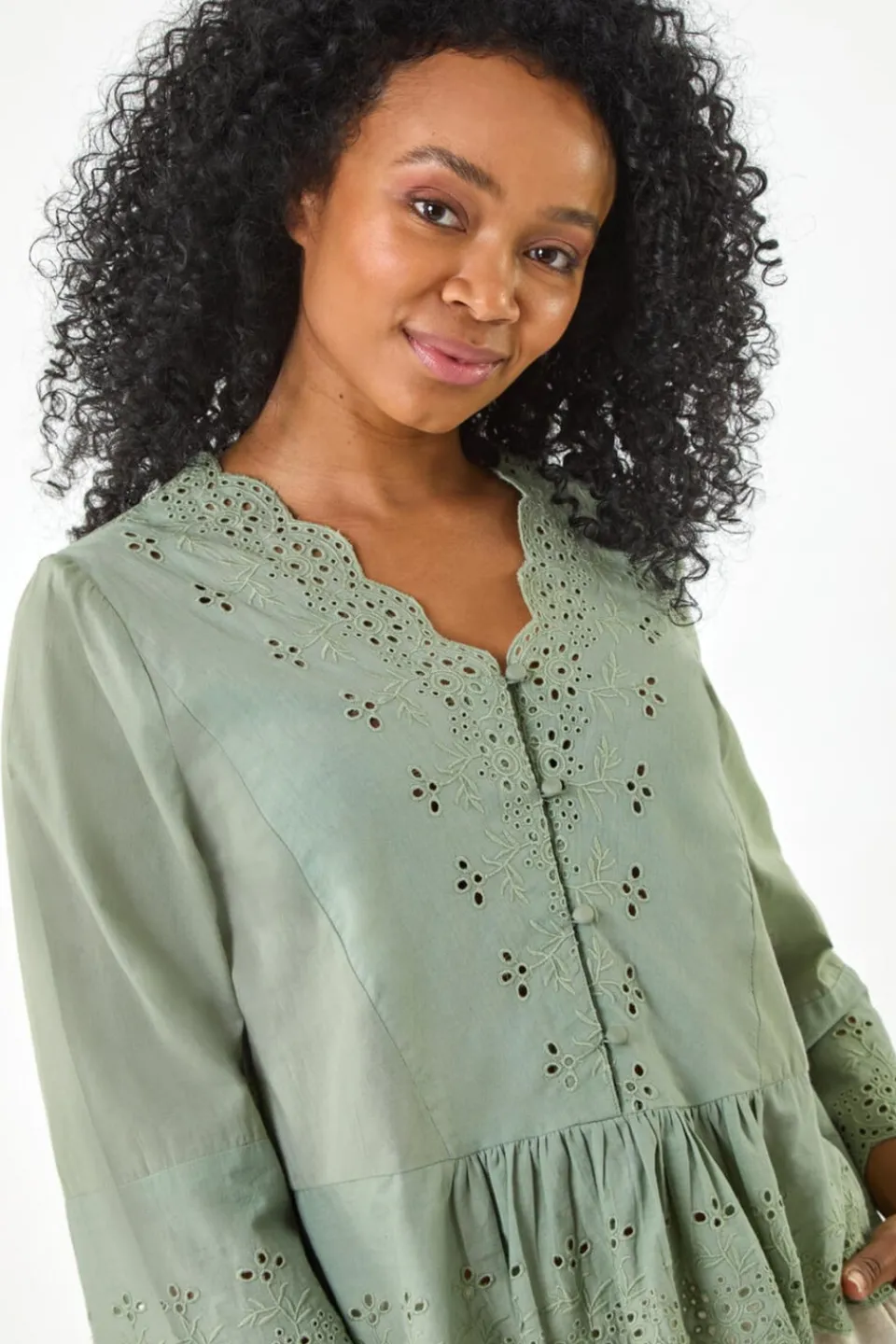 Tops>Roman Khaki Petite Broderie Scallop Blouse