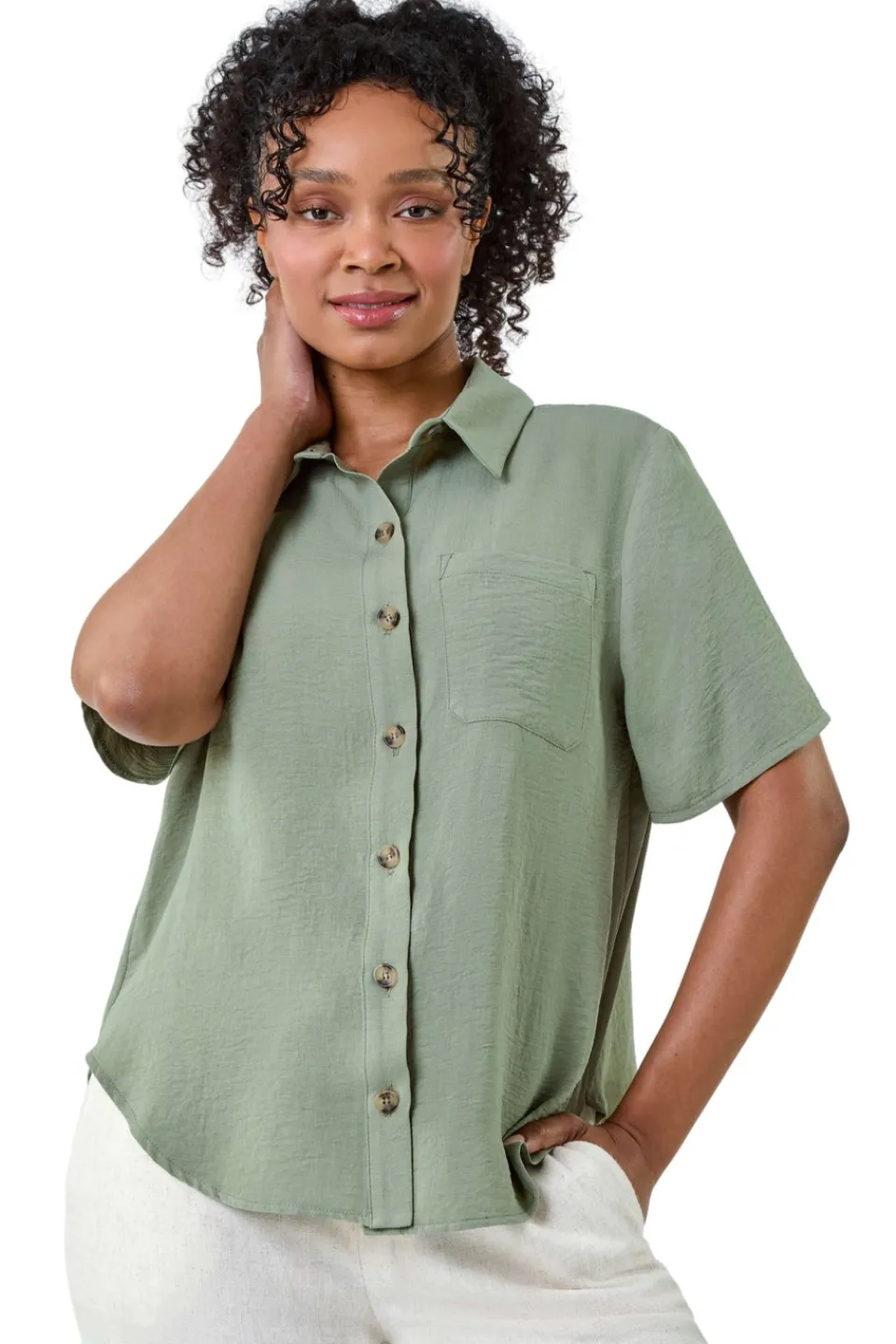 Tops>Roman Petite Button Up Pocket Shirt Khaki