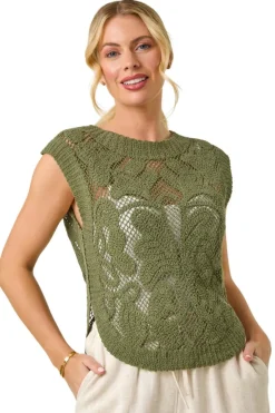 Tops>Roman Khaki Petite Curve Hem Crochet Top