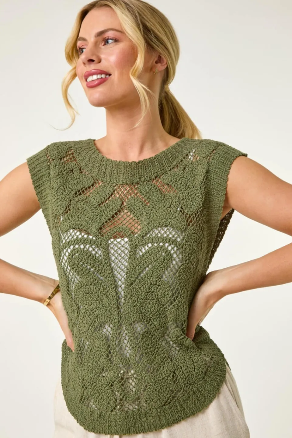 Tops>Roman Khaki Petite Curve Hem Crochet Top