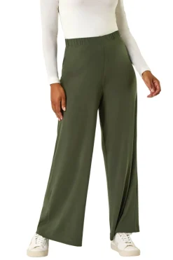 Trousers>Roman Petite Elastic Waist Wide Leg Stretch Trouser Khaki