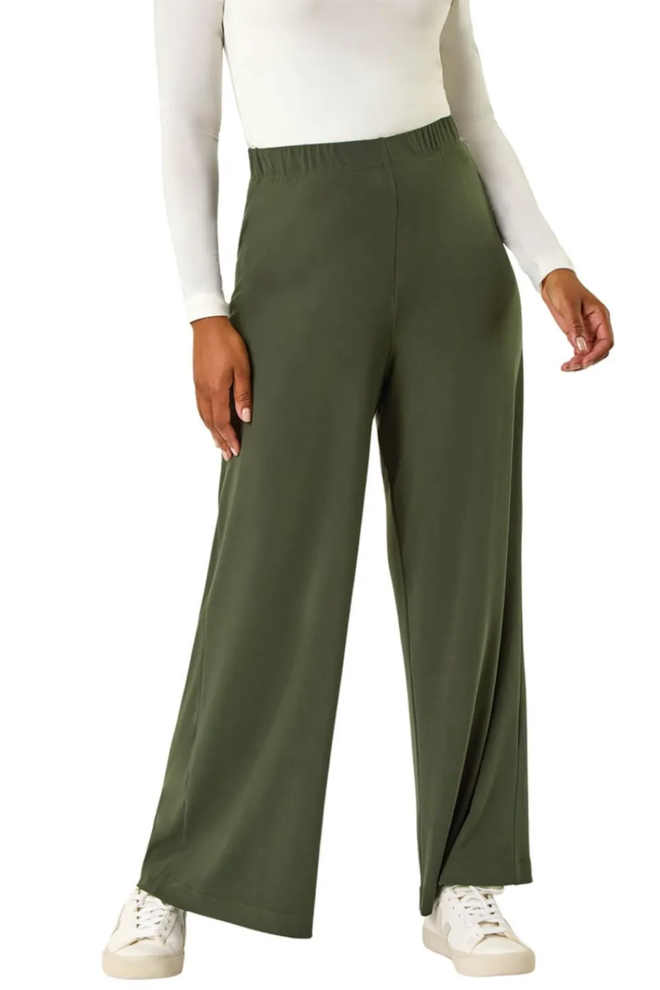 Trousers>Roman Petite Elastic Waist Wide Leg Stretch Trouser Khaki
