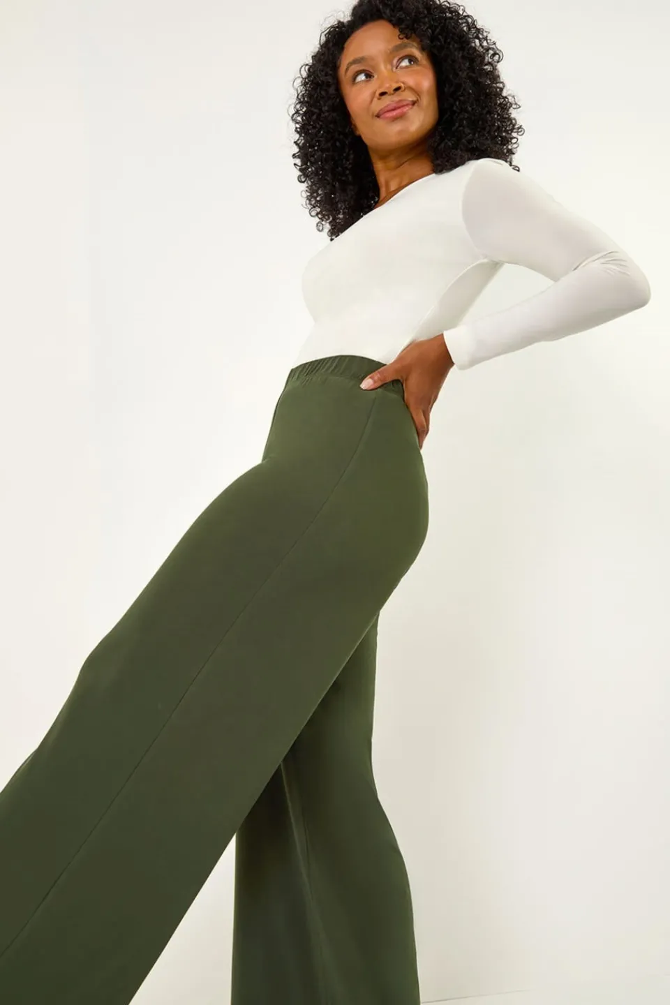Trousers>Roman Petite Elastic Waist Wide Leg Stretch Trouser Khaki