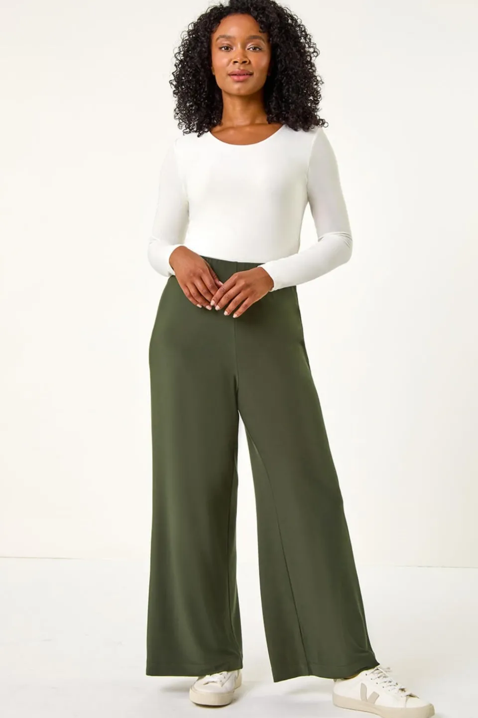 Trousers>Roman Petite Elastic Waist Wide Leg Stretch Trouser Khaki