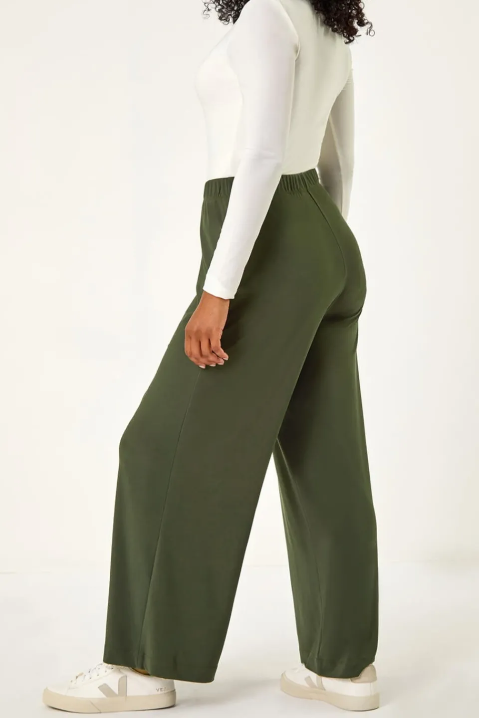 Trousers>Roman Petite Elastic Waist Wide Leg Stretch Trouser Khaki