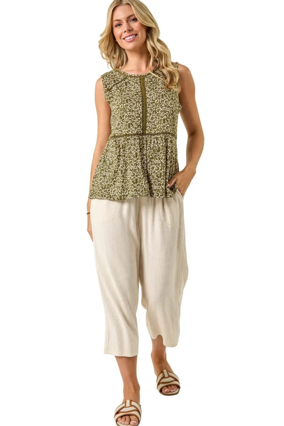 Tops>Roman Khaki Petite Floral Print Trim Vest Top