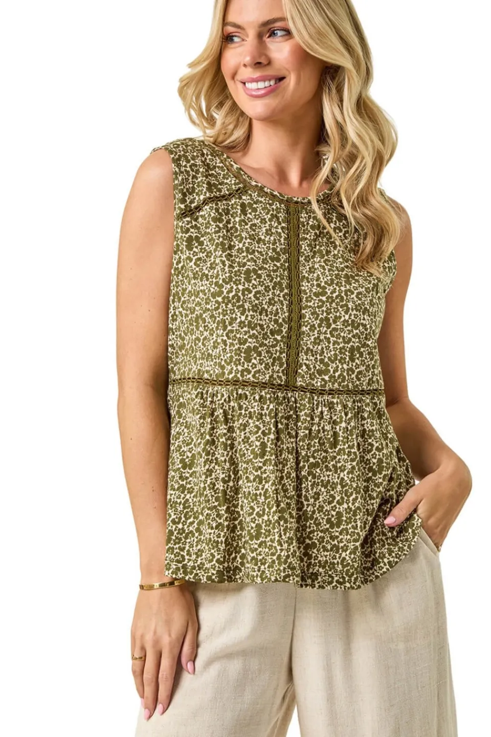 Tops>Roman Khaki Petite Floral Print Trim Vest Top