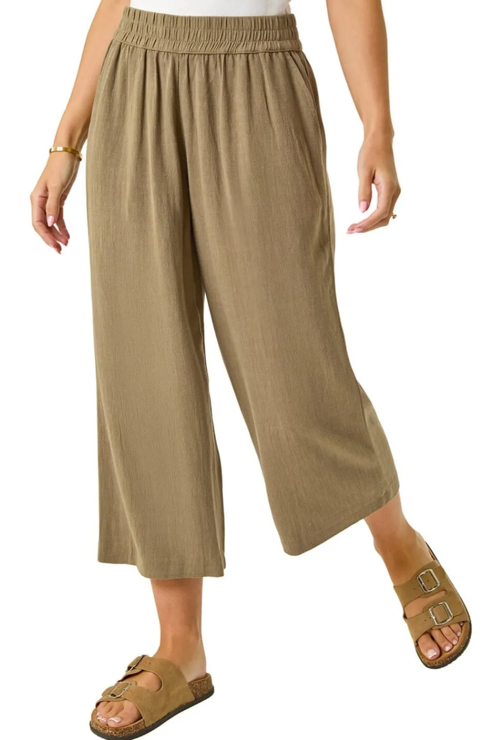 Trousers>Roman Khaki Petite Linen Mix Cropped Trouser