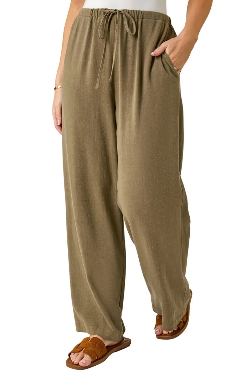 Trousers>Roman Khaki Petite Linen Mix Wide Leg Trouser