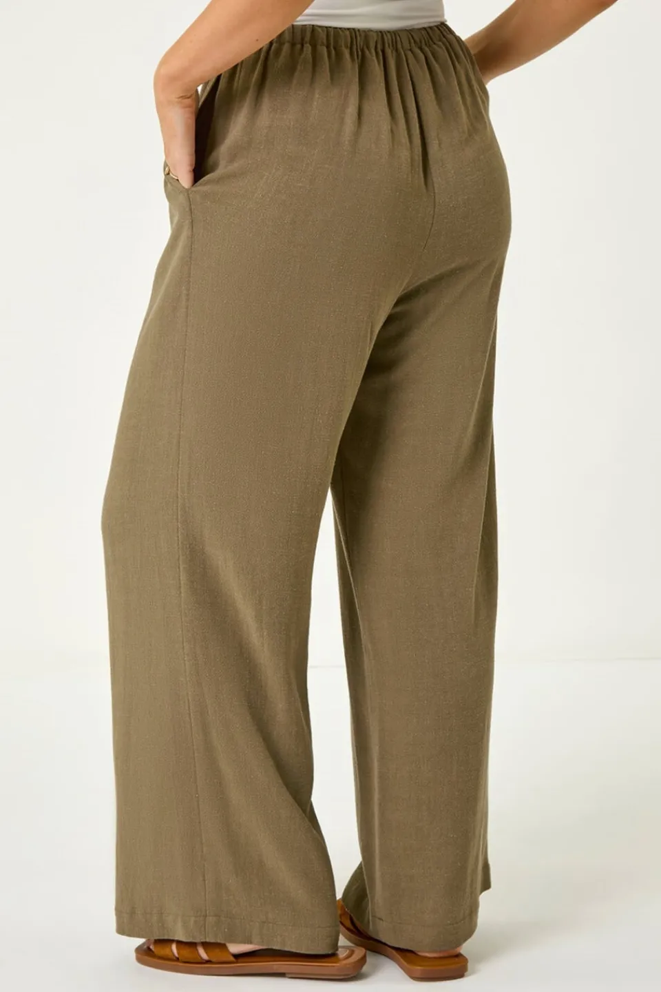 Trousers>Roman Khaki Petite Linen Mix Wide Leg Trouser