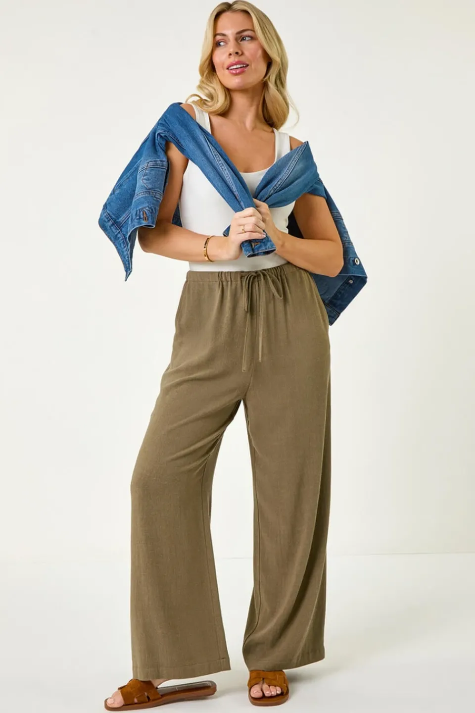 Trousers>Roman Khaki Petite Linen Mix Wide Leg Trouser