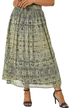 Skirts>Roman Khaki Petite Metallic Print Tie Front Skirt