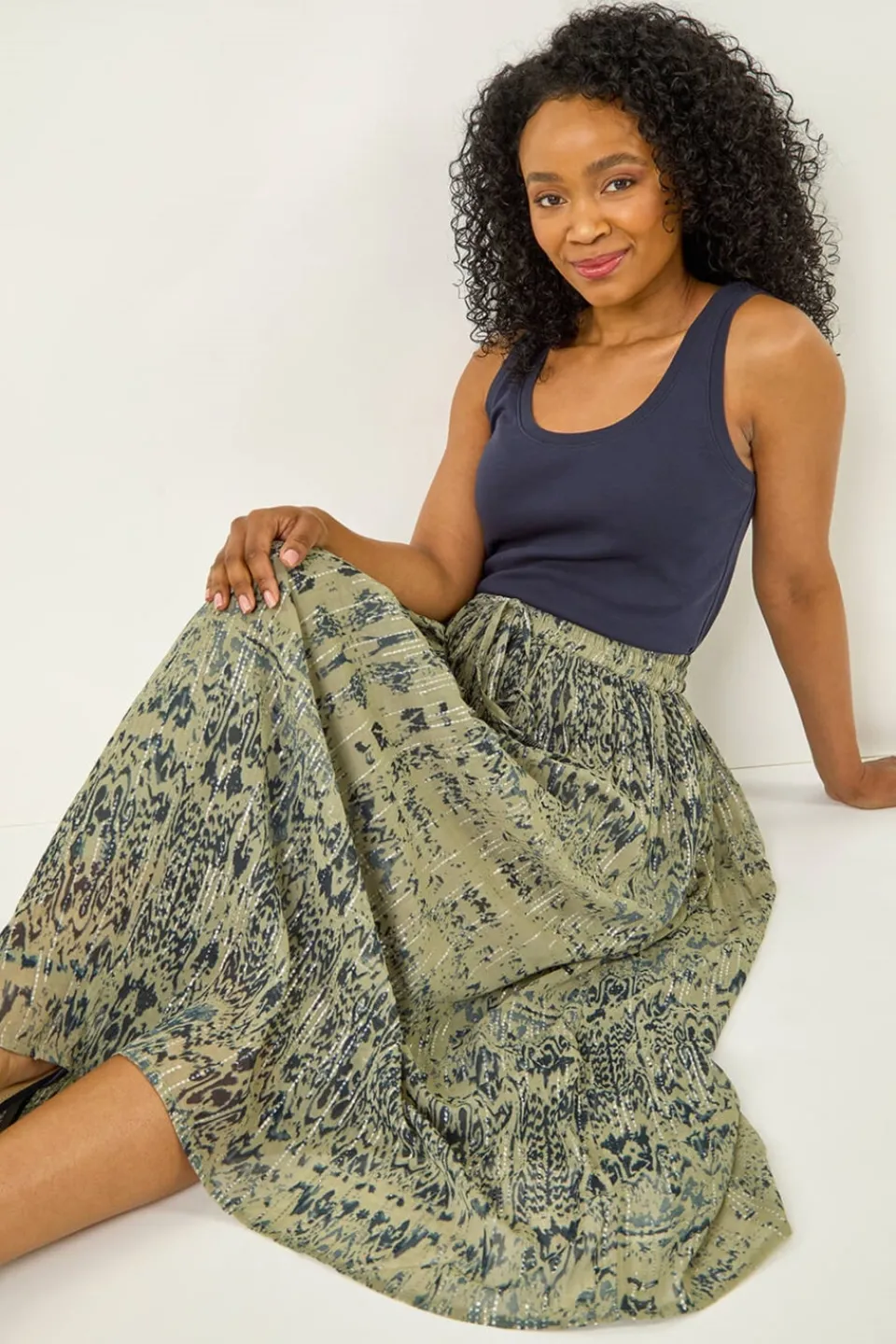 Skirts>Roman Khaki Petite Metallic Print Tie Front Skirt