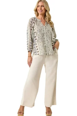 Tops>Roman Khaki Petite Metallic Aztec Blouse