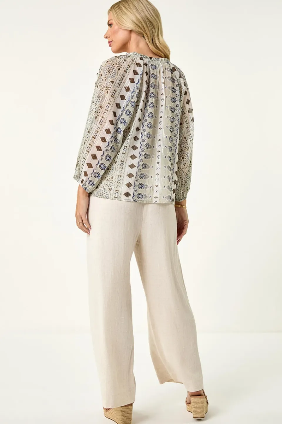 Tops>Roman Khaki Petite Metallic Aztec Blouse