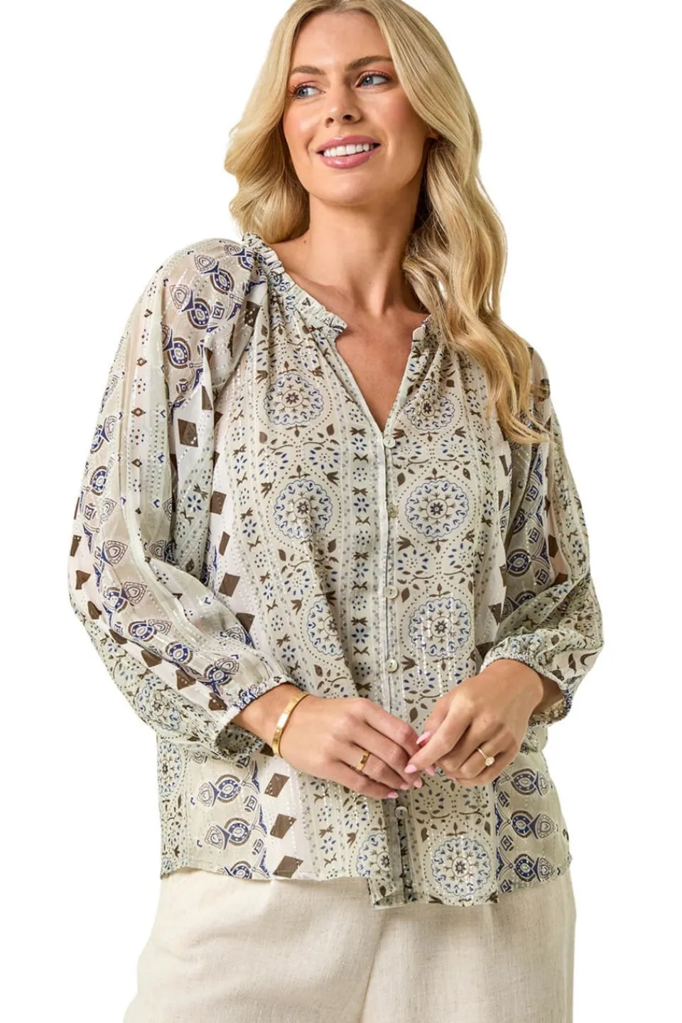 Tops>Roman Khaki Petite Metallic Aztec Blouse