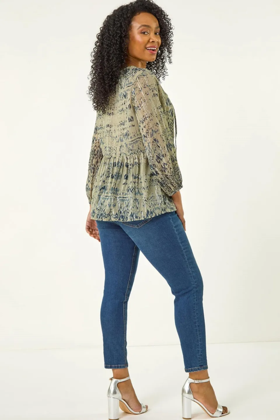 Blouses & Shirts>Roman Khaki Petite Metallic Aztec Print Top