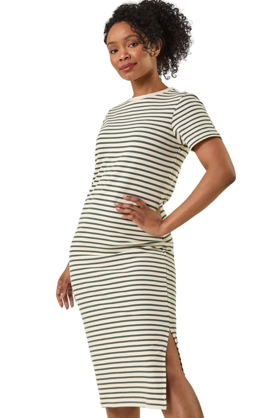 Dresses>Roman Khaki Petite Stripe Knit Midi Dress