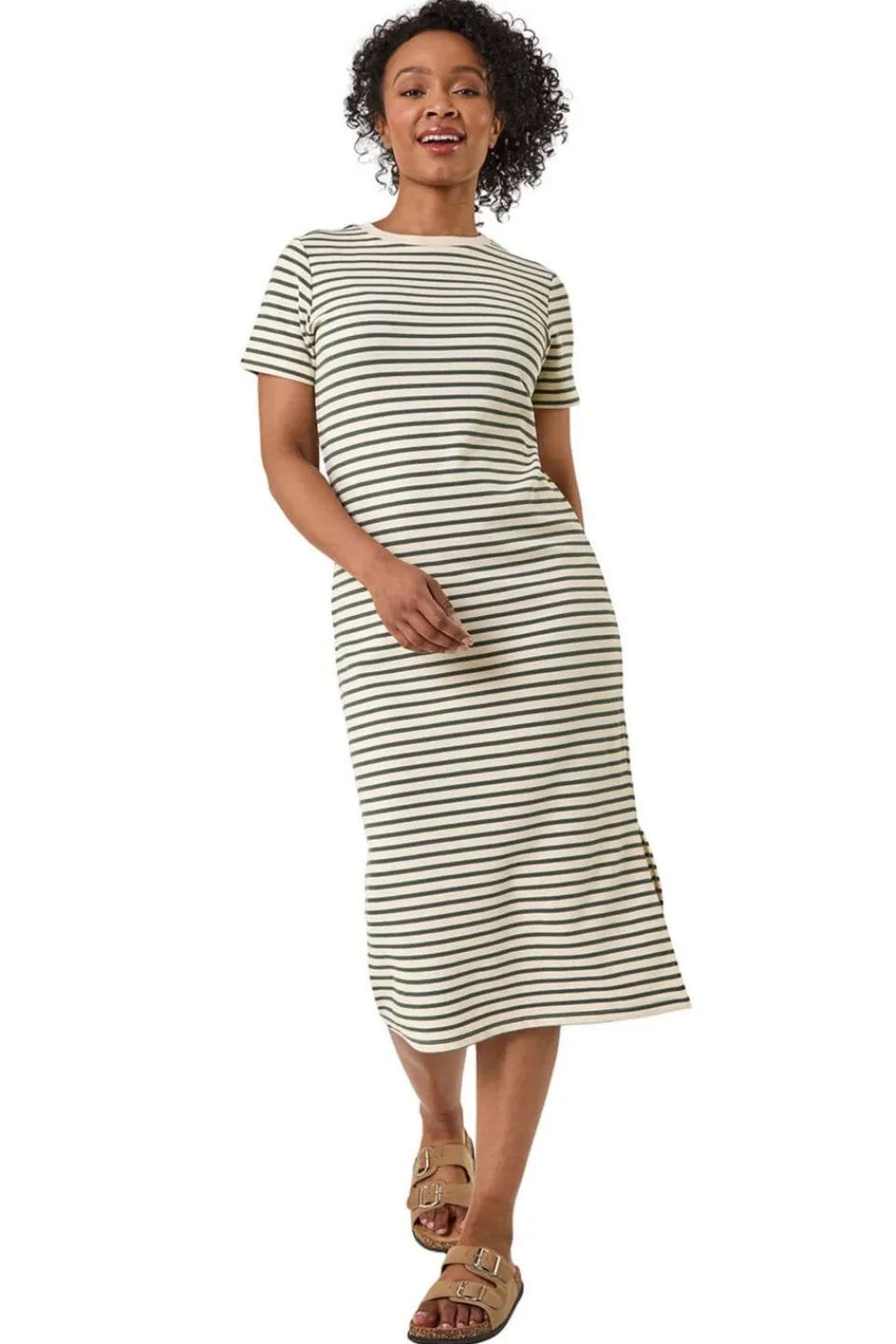 Dresses>Roman Khaki Petite Stripe Knit Midi Dress