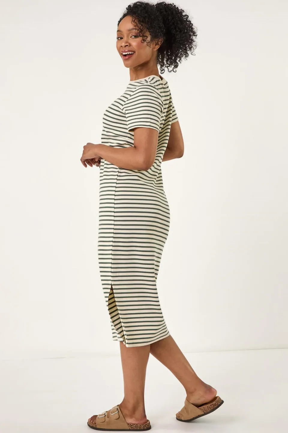 Dresses>Roman Khaki Petite Stripe Knit Midi Dress