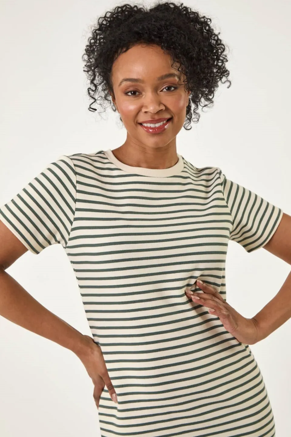 Dresses>Roman Khaki Petite Stripe Knit Midi Dress