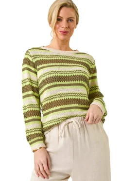 Tops>Roman Khaki Petite Stripe Print Stretch Knit Jumper