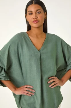 Tops>Roman Khaki Pleated V Neck Stretch Tunic Top