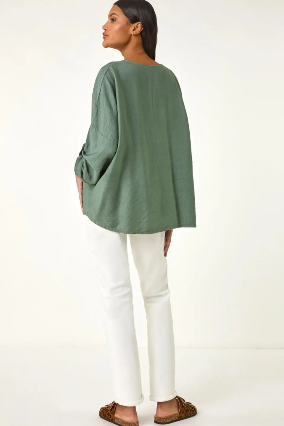 Tops>Roman Khaki Pleated V Neck Stretch Tunic Top