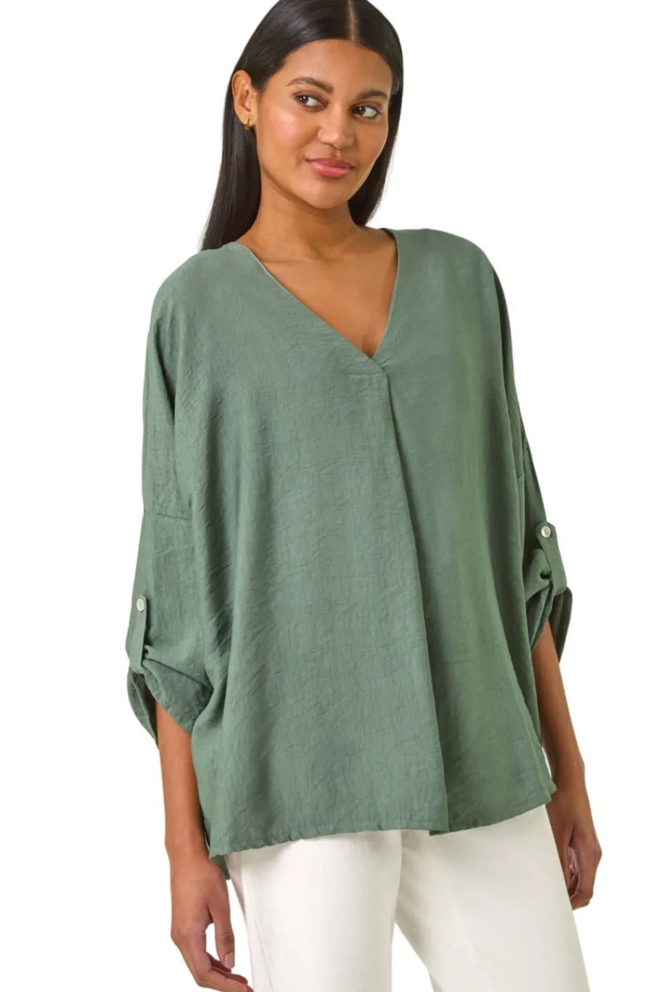 Tops>Roman Khaki Pleated V Neck Stretch Tunic Top