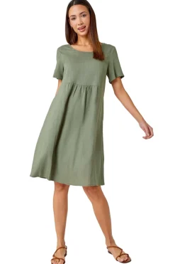 Dresses>Roman Khaki Relaxed Cotton Blend Pocket Dress