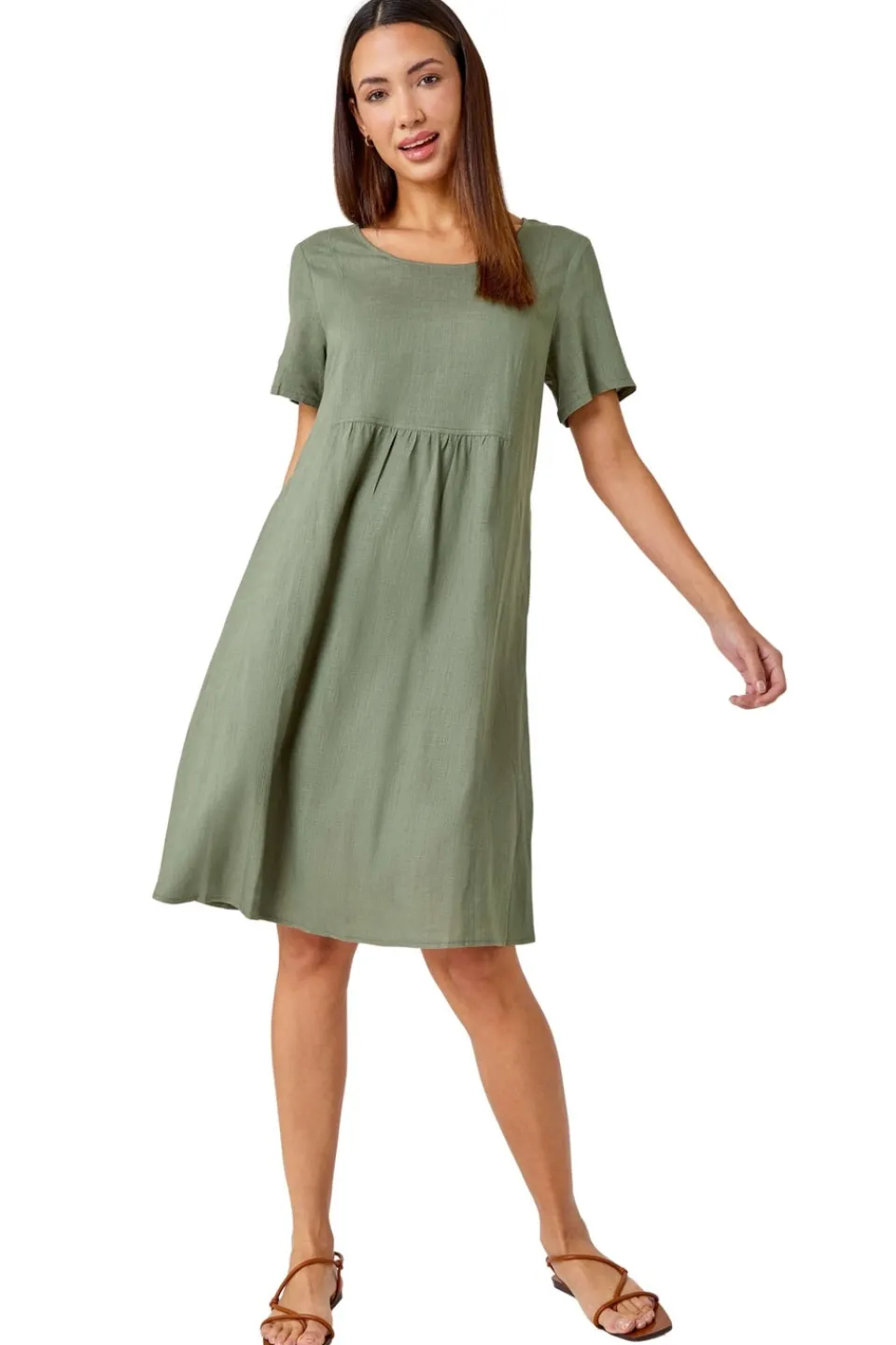 Dresses>Roman Khaki Relaxed Cotton Blend Pocket Dress