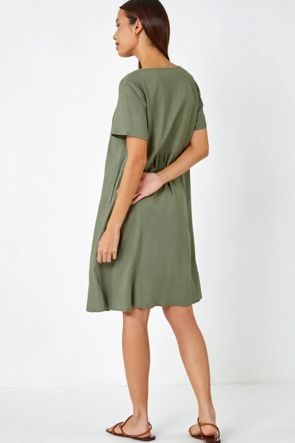 Dresses>Roman Khaki Relaxed Cotton Blend Pocket Dress