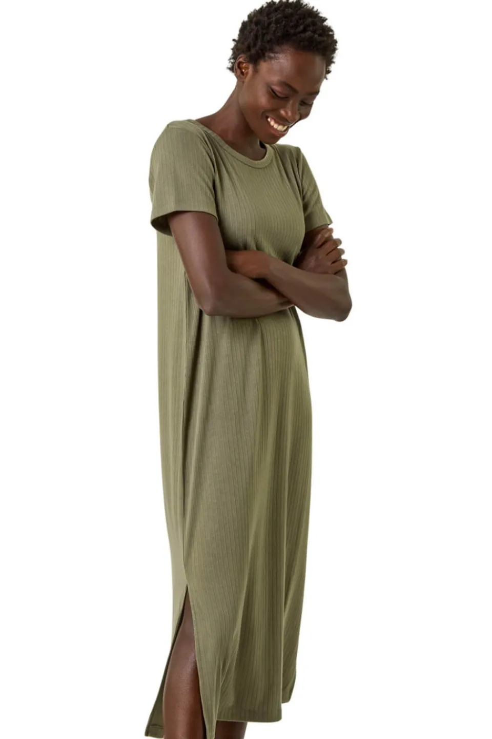 Dresses>Roman Khaki Ribbed Stretch Midi Dress