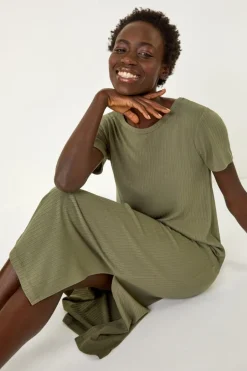 Dresses>Roman Khaki Ribbed Stretch Midi Dress
